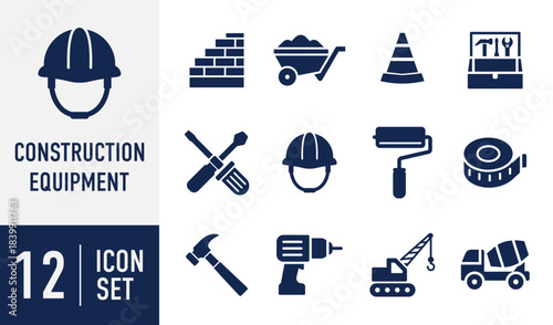Construction Equipment icons set. equipment and tools vector icon set for building, maintenance, and industrial projects, solid flat design style Vector. Solid icon collection