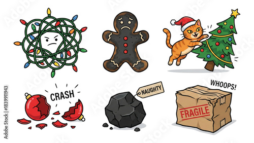 Funny Christmas Fails Sticker Set: Tangled Lights, Burnt Cookie, Cat, Coal, and Broken Ornament