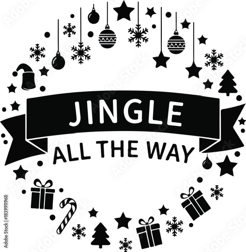 Black and White Christmas Holiday Vector with 'JINGLE ALL THE WAY' Text, Snowflakes, Ornaments, and Gifts isolated PNG with Transparent Background