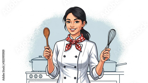 Smiling young woman chef holding a spoon in the kitchen while cooking food