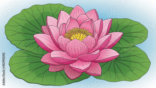 Pink lotus and water lily flowers bloom beautifully on the aquatic plant leaf in a summer nature pond garden