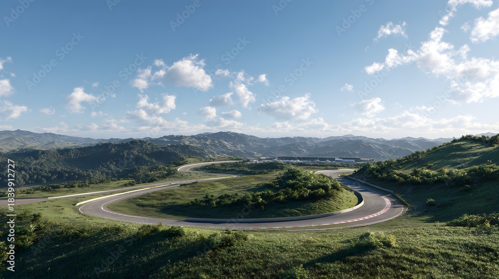 Fototapeta premium A vast, winding race track snacks through lush green hills under a clear blue sky.