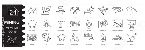 Heavy Mining Industry Vector Icon Set Featuring Coal Extraction, Gold Ore Processing, Mineral Equipment, Dump Trucks, Shovels, and Industrial Machinery Symbols, Comprehensive Mining Illustration Pack 