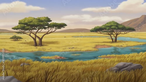 African savanna landscape with acacia trees and river nature wild