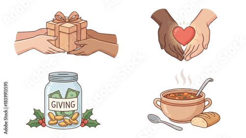 Charity and donation illustrations set. Hands giving gift, heart symbol, fundraising money jar, and food relief soup bowl.