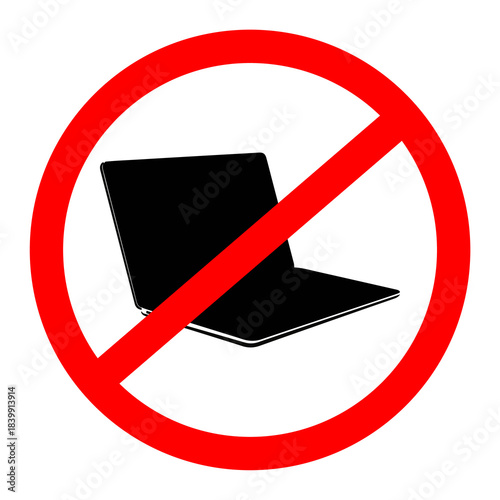 Laptop prohibition sign, digital detox concept, restricted electronic device symbol