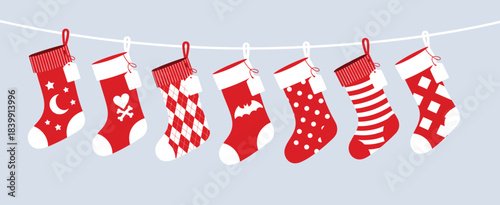 Christmas Stockings Hanging on a Rod in Red and White Decorative Patterns – Festive Holiday Illustration for Seasonal Design Projects