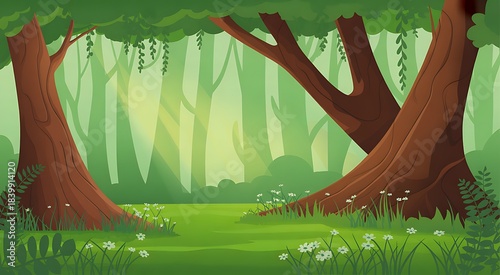 Lush green forest with sunbeams and wildflowers woods trees