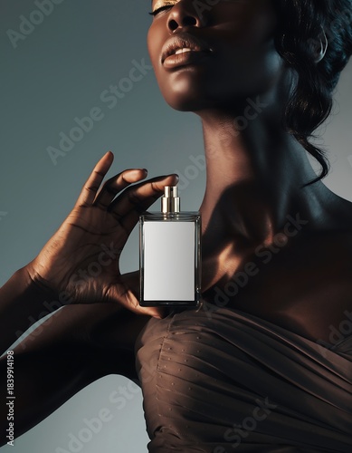 Close-up of stylish Black woman holding a rectangular perfume bottle against her chest, luxury fashion portrait