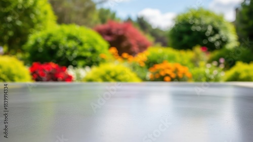 Blurred garden scene with colorful flowers and foliage under sunny sky