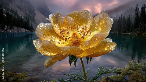 Golden Glowing Flower By Mountain Lake
