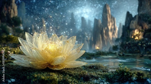 Glowing Golden Lotus Flower In Mystic Night Landscape
