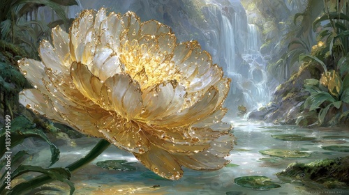 Golden White Peony Flower By Waterfall In Forest