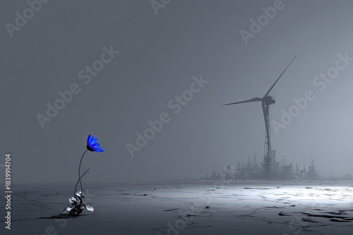 Digital Futuristic Cityscape With Windmill And Blue Flower