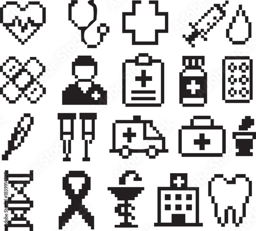 Pixel Style Medical Icons for Retro Digital Health Interface Graphics
