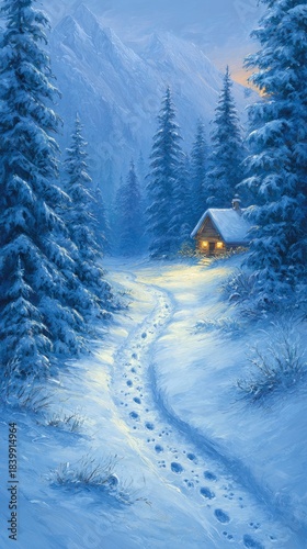 Snowy Winter Landscape With Cozy Cabin