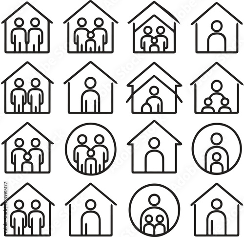 Adoption Support Family Icons with Heart Minimal Line Illustration
