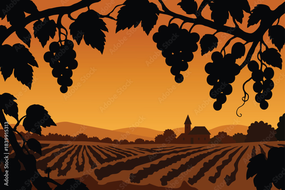 Fototapeta premium Grape vines silhouette frame vineyard field, church, and golden sunset.