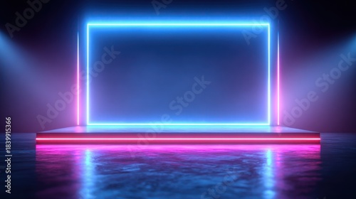 Neon stage with glowing rectangular frame