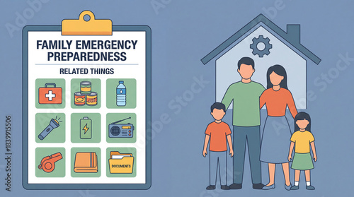 family emergency preparedness checklist illustration showing essential survival supplies including first aid kit food water flashlight battery radio documents with parents and children for disaster
