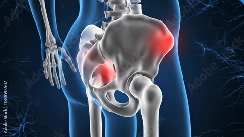 Hip Joint Pain Anatomy Illustration - A medical illustration showing a hip joint with pain indication in red. The video also shows a translucent representation of a human figure and nerves.