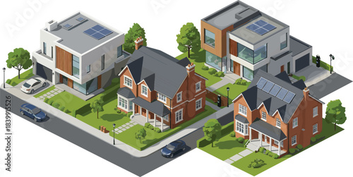 Isometric vector illustration of a modern suburban neighborhood with traditional and contemporary houses, cars, trees, and solar panels for sustainable energy design.