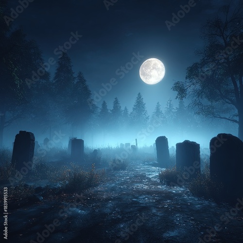 Spooky Graveyard Under Full Moon At Night