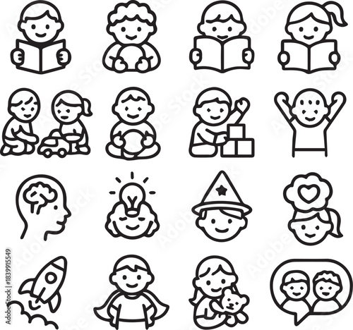 Children's Education and Play Icon Set Learning, Reading, and Imagination Symbols.