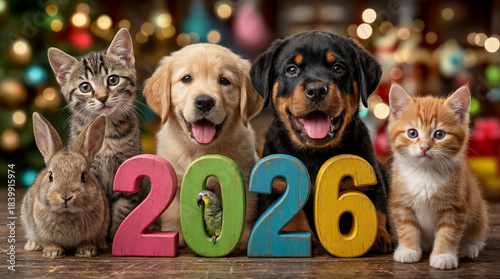 A group portrait of adorable pet animals celebrating the New Year 2026