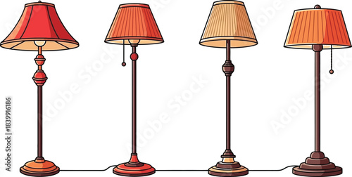 Four vintage floor lamps with colorful shades in a row