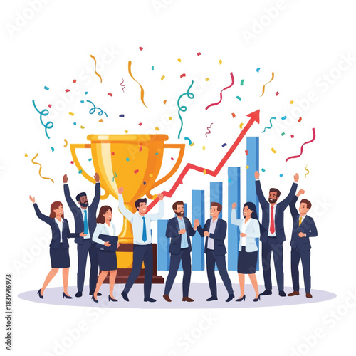 Illustration of a diverse group of business professionals celebrating with a large trophy and confetti in a colorful graphic design with a joyful mood.