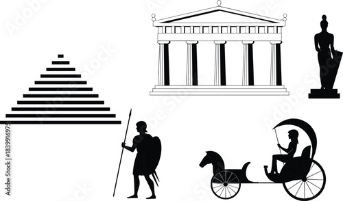 Ancient History Architectural and Human Silhouettes Collection Featuring Greek Temple, Pyramid, Chariot, and Warriors for Historical and Cultural Design Projects.