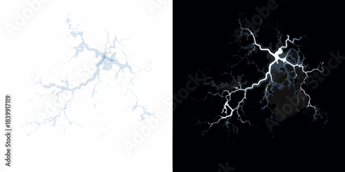 Dramatic contrast of lightning strikes a white and black visual split