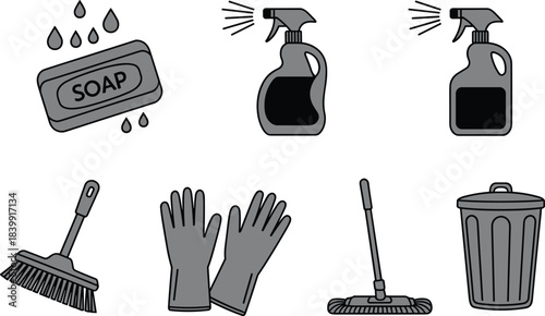 Featuring Soap, Spray Bottles, Broom, Gloves, Mop, and Trash Can for Hygiene and Housekeeping Design.