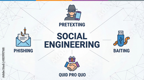 Social engineering attack methods diagram showing pretexting phishing baiting and quid pro quo tactics for cybersecurity threat awareness education