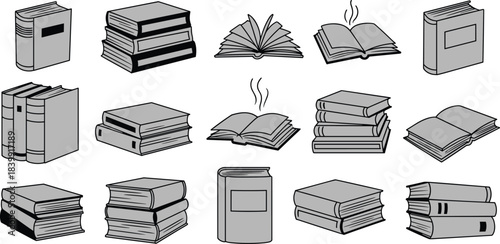 Minimalist Monochrome Illustration of Diverse Stacked and Open Books Signifying Education, Knowledge, Reading, Literature, Study, and Learning Concepts