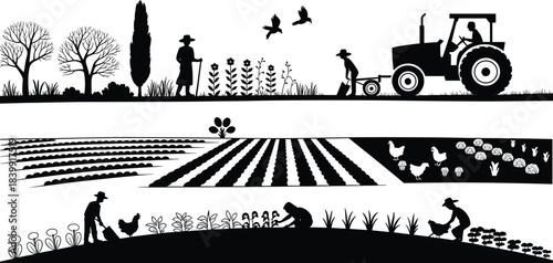 Silhouettes of Farming Scenes with Tractor, Crops, Chickens, and Workers for Agriculture, Labor, and Rural Environment Projects