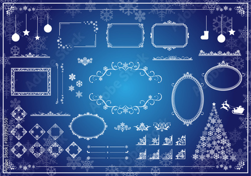 雪の結晶をモチーフにした装飾やフレームのセット素材