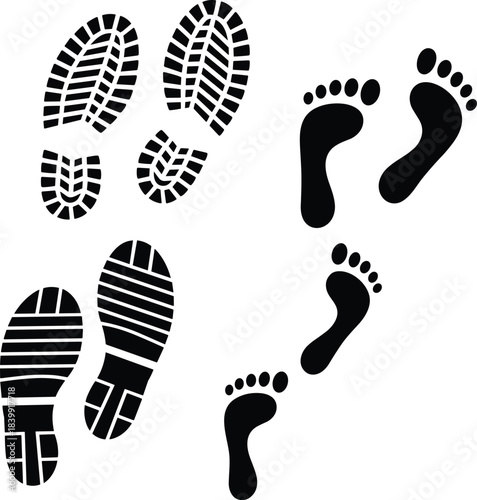 Silhouettes of Shoe and Bare Footprints with Varied Tread and Anatomical Details for Forensic, Gait, and Design Projects