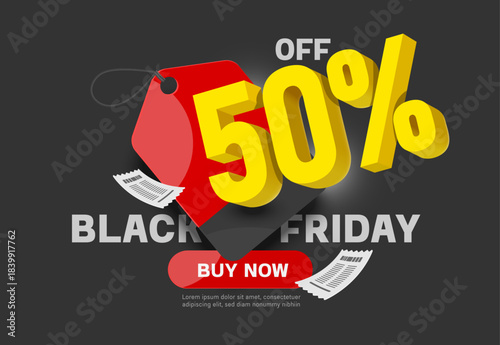 Yellow 3D 50% off number placed on red promotion tag label or sign for Black Friday campaign advertising banner design, vector 3d illustration isolated on black background for advertising design