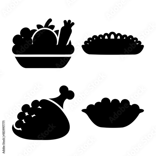 Food silhouette icons set: fresh produce, poultry, dessert