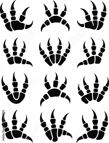 Silhouettes of Twelve Stylized Claw or Paw Prints with Talon Shapes for Animal, Fantasy, and Pattern Design Projects
