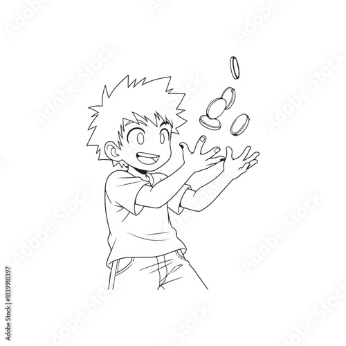 Anime boy happily tossing coins in the air with outstretched hands child