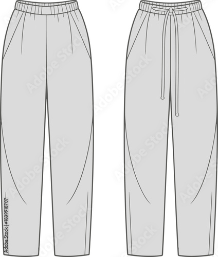 Relaxed fit women pajama pants CAD drawing flat vector illustration with pockets elastic waistband drawstring comfortable lounge sleepwear fashion template