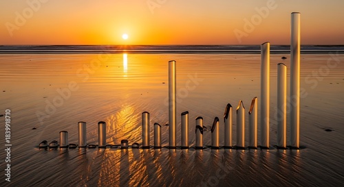 Golden Sunset Reflected on Wet Sand with Abstract Metal Sculptures.