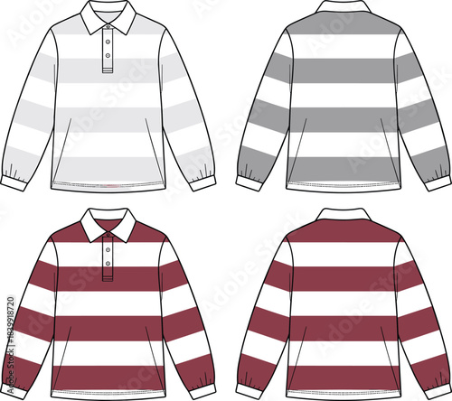 Striped long sleeve polo shirt fashion flat sketch, front and back view, vector apparel template, casual menswear technical design