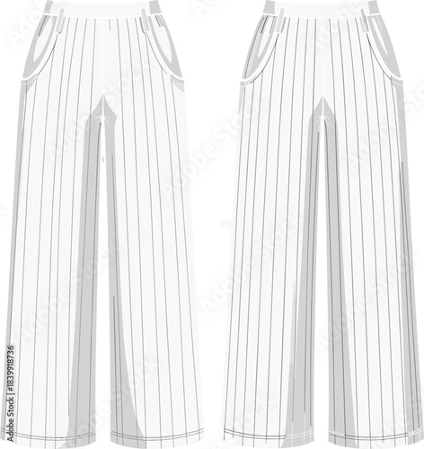 Striped wide leg pants fashion CAD drawing front back view, flat vector illustration, technical sketch, loose fit pocket design template