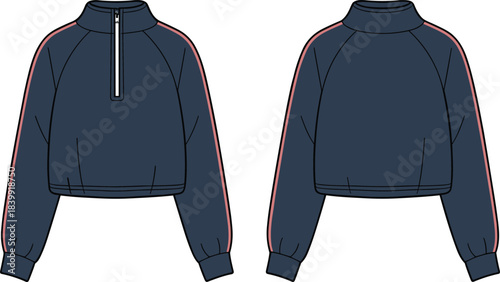 Trendy cropped zip-up sweatshirt fashion flat sketch, long sleeve sporty pullover with high collar and contrast stripe sleeve detail