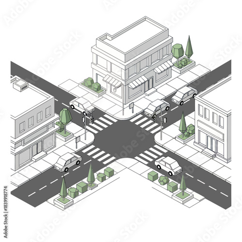 Isometric View of a City Intersection with Buildings and Cars.
