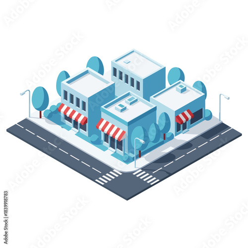 Isometric view of a modern city block with various buildings and trees.